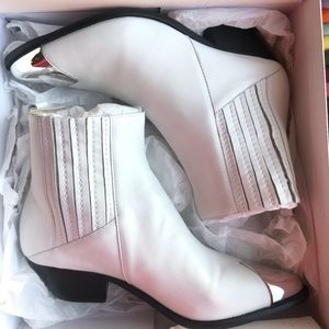 White Leather Luccyen Schutz Western Bootie, metallic tips, black heel